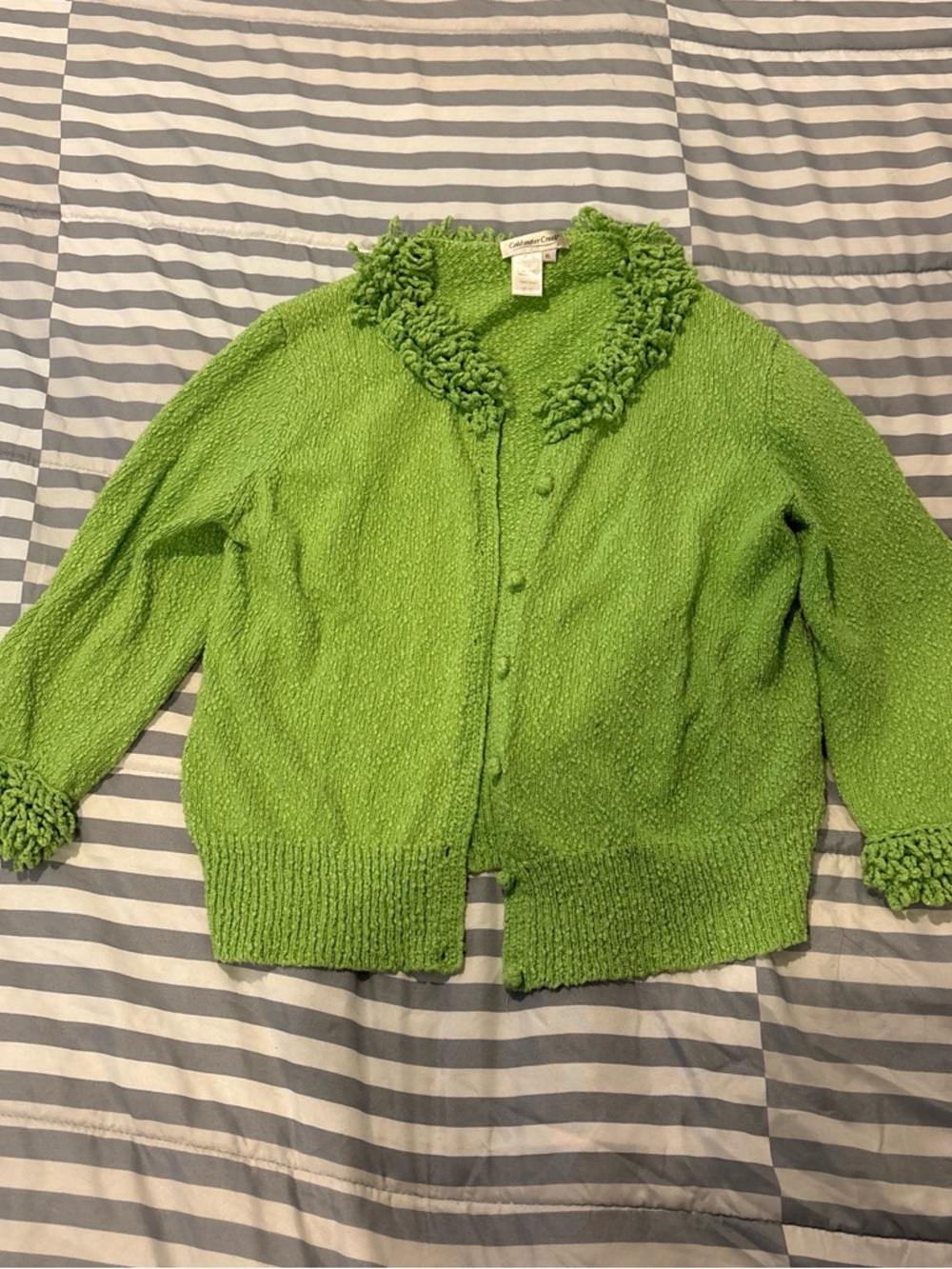 Coldwater Creek Bright Lime Green Button-Up Cardigan with Fringe Trim